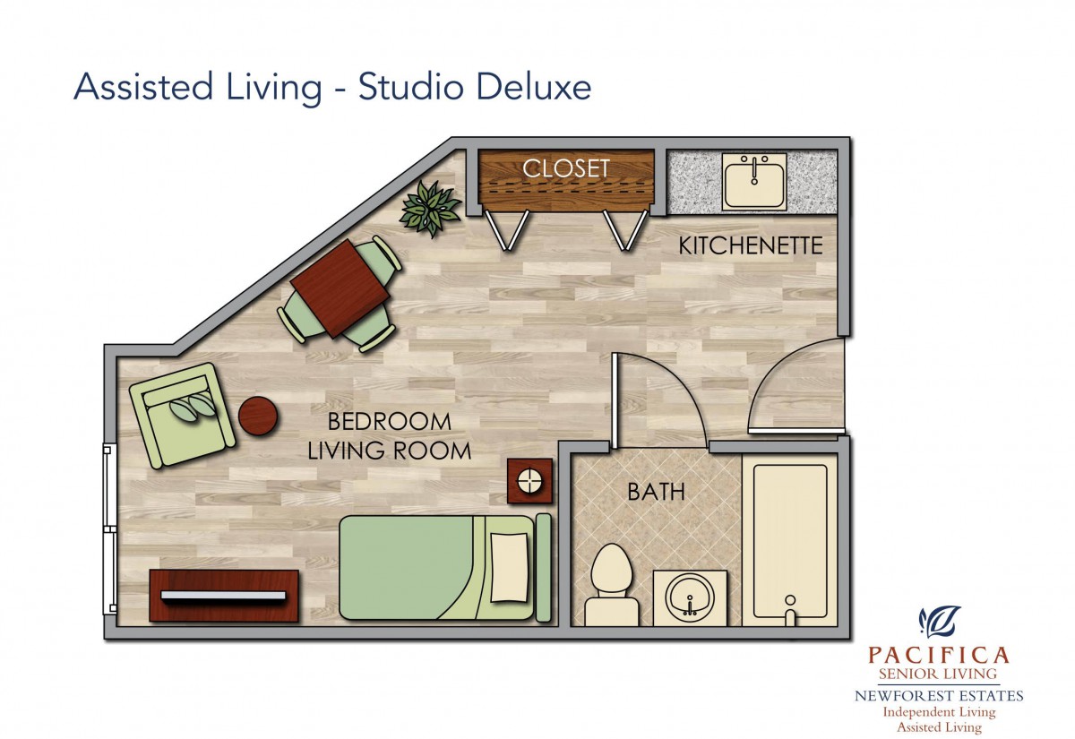 A floor plan of a studio deluxe unit in an assisted living facility, featuring a bedroom/living room area, kitchenette, closet, and bathroom.