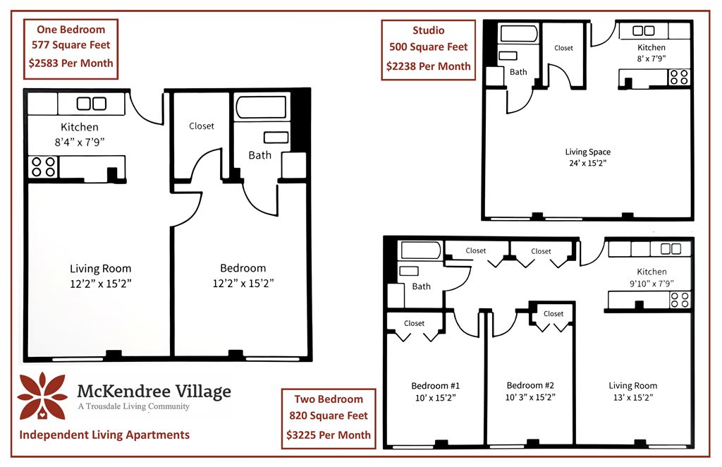 Apartment floor plans for Sandree Village, including studio and two-bedroom options with square footage and rental prices.