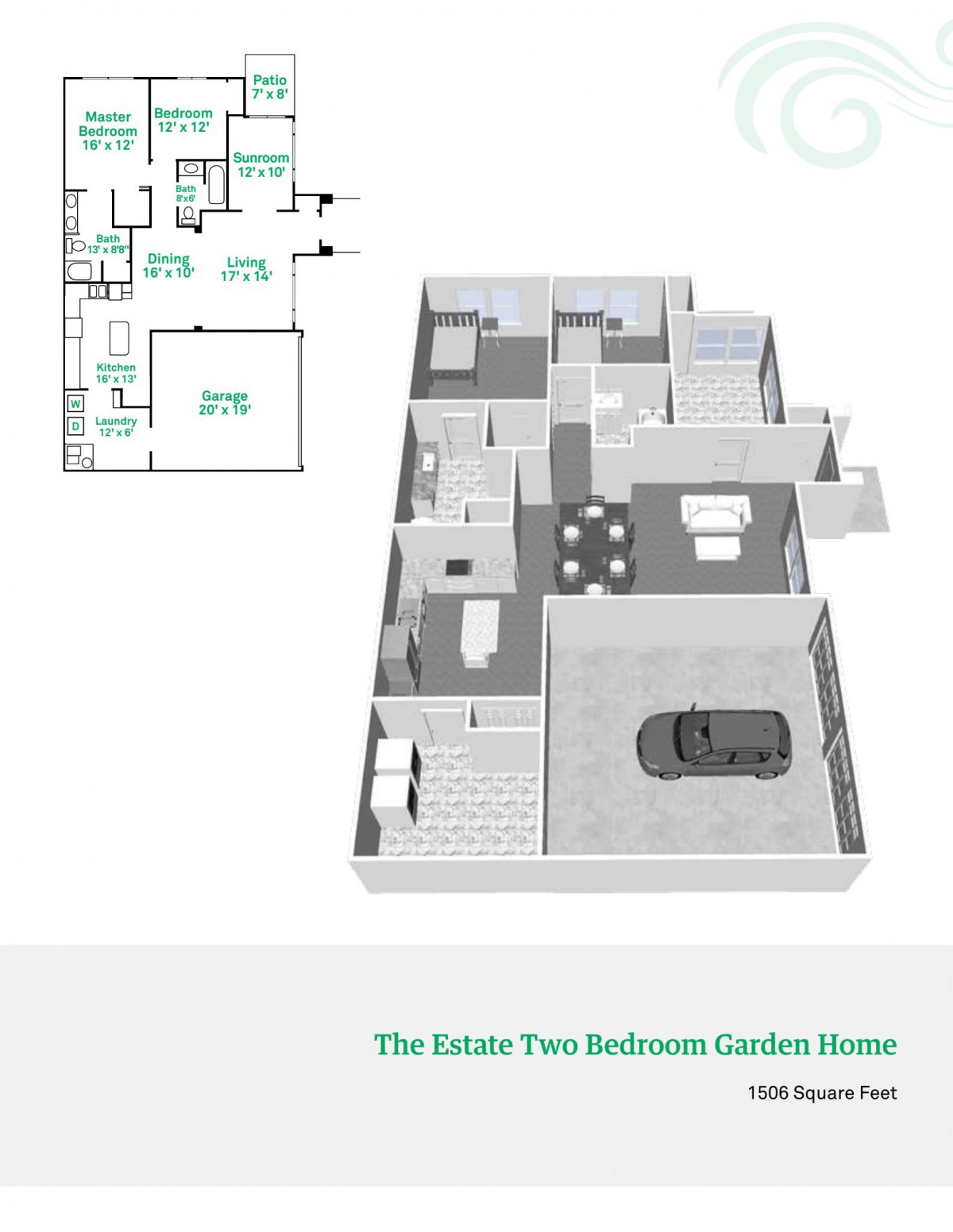 A detailed floor plan and 3D rendering of a two-bedroom garden home.