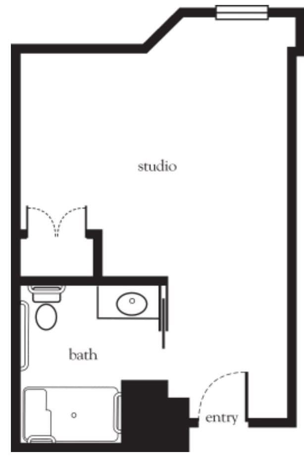 Floor plan of a studio apartment with a bathroom.