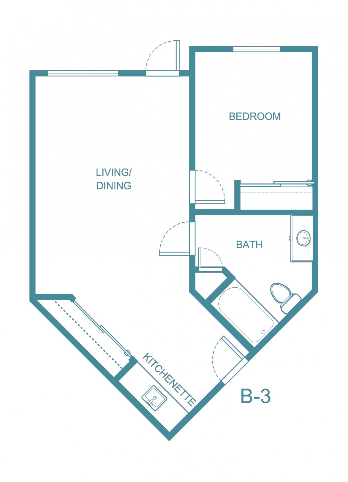A floor plan of a one-bedroom apartment with living/dining area, kitchen, and bathroom.