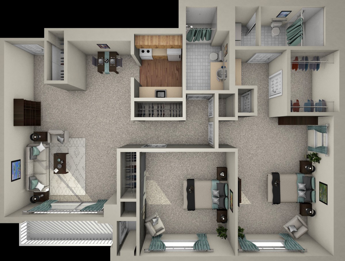 A 3D floor plan showcasing a modern apartment layout with detailed interior and furniture arrangement.