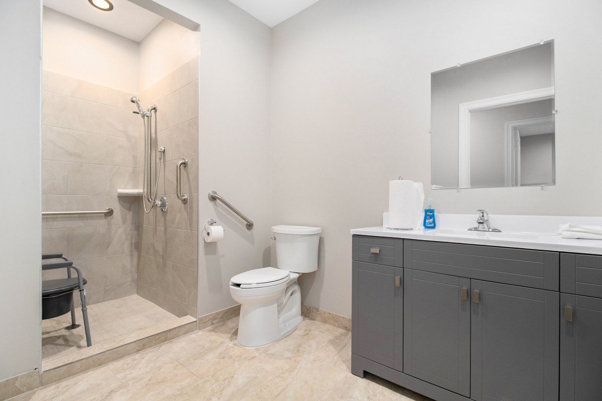 Modern bathroom with a walk-in shower, toilet, and vanity unit.