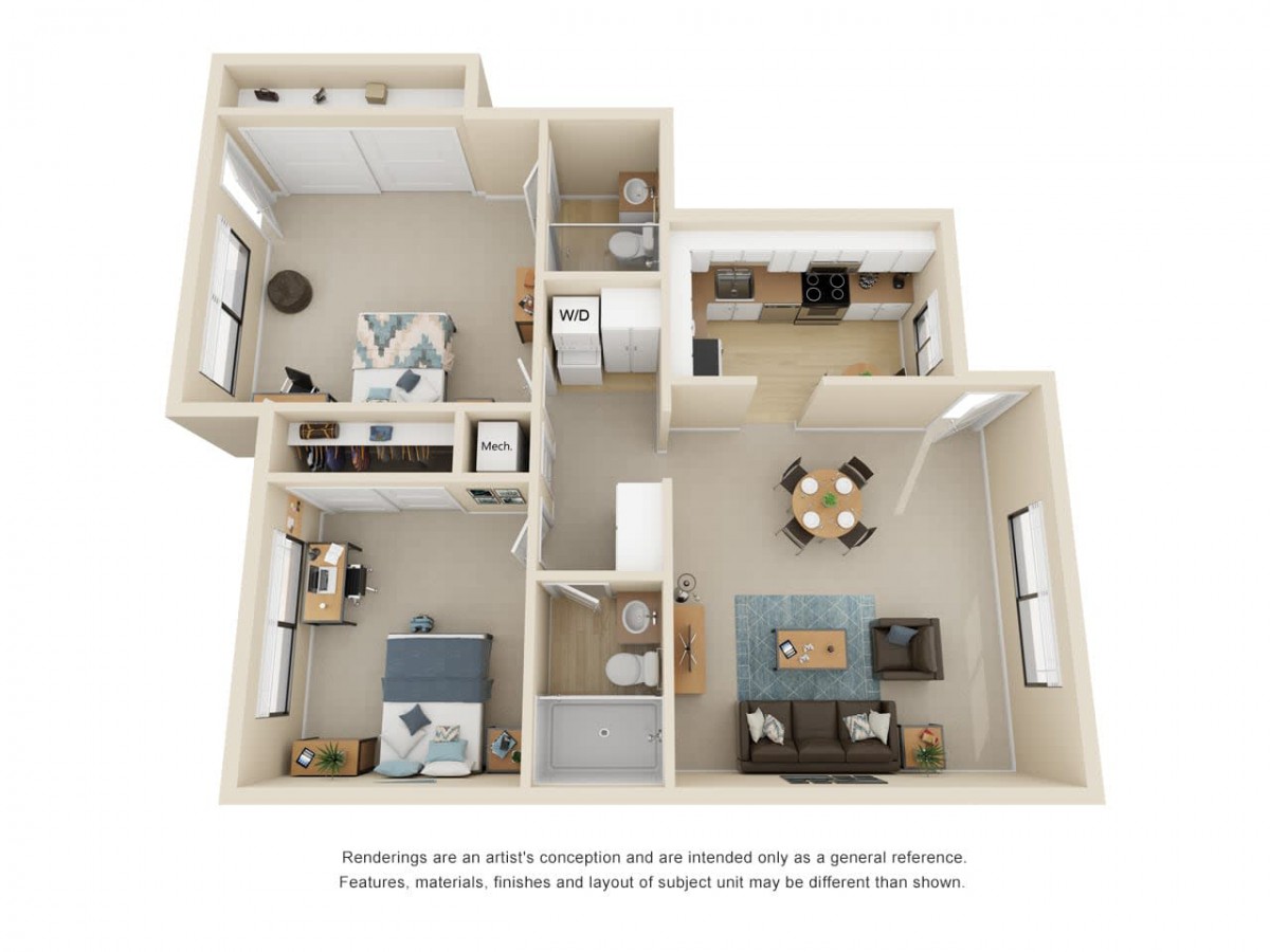 A 3D floor plan of a modern two-bedroom apartment featuring a living room, dining area, kitchen, and bathroom.