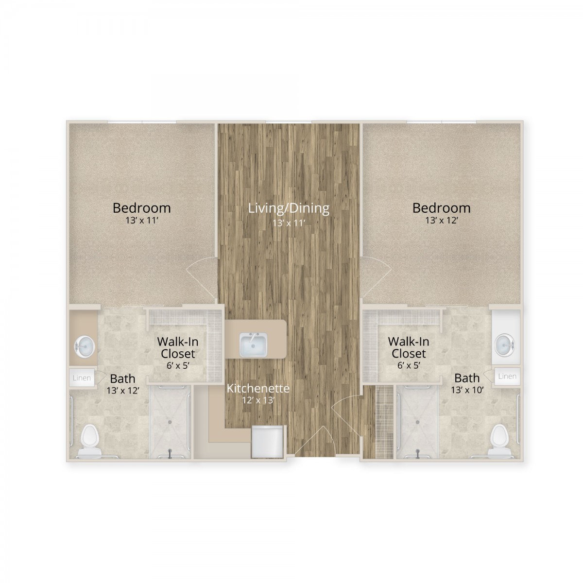A floor plan showing the layout of an apartment with two bedrooms and two bathrooms.