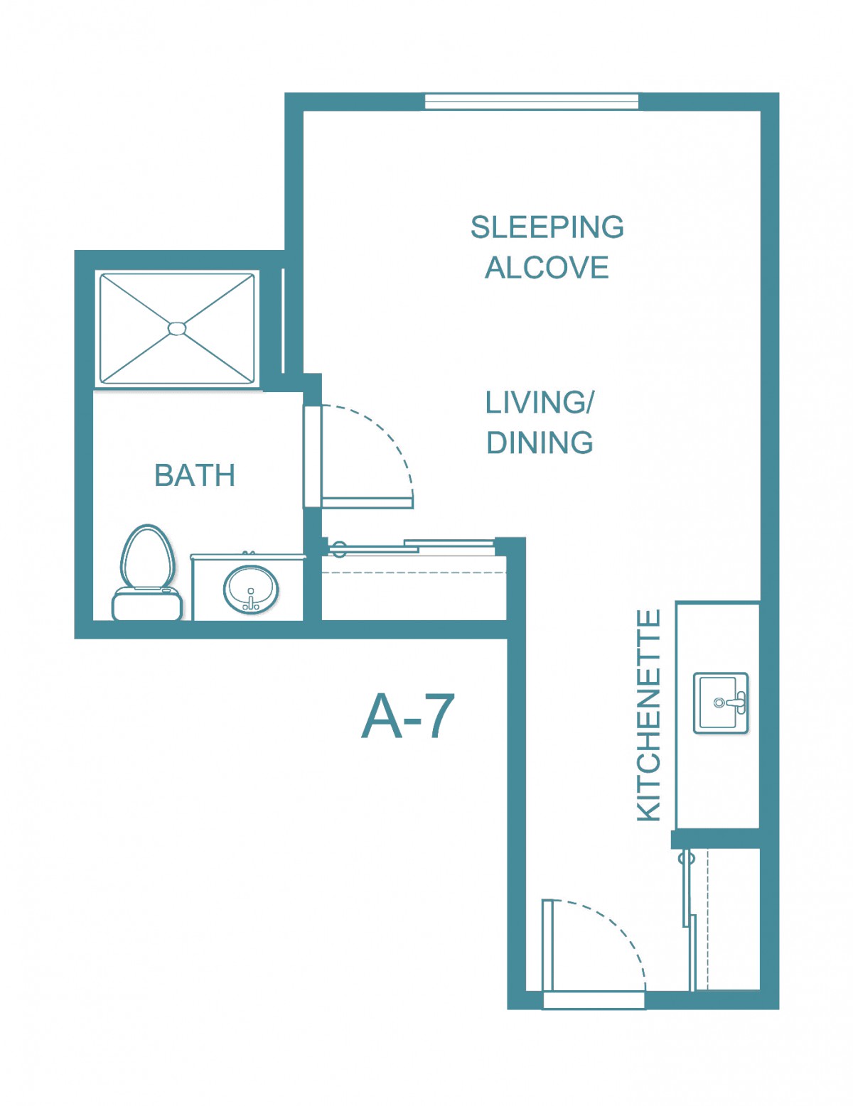 Studio apartment floor plan featuring a sleeping alcove, living/dining area, kitchenette, and bathroom.