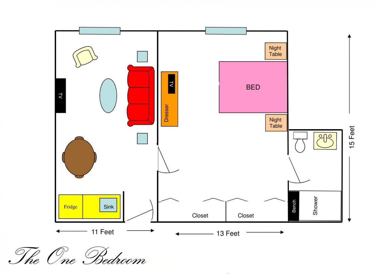 Floor plan of a one-bedroom apartment with designated living, kitchen, and bathroom areas.