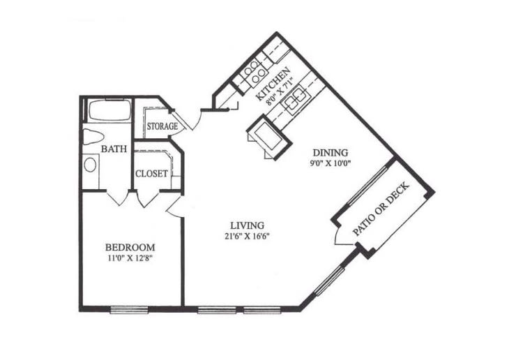 A detailed floor plan of an apartment showing the arrangement of rooms including a bedroom, bathroom, kitchen, dining area, and living space.