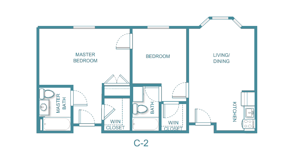 Blueprint of a two-bedroom apartment with labeled rooms and living areas.