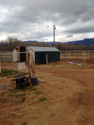 A rustic farm scene featuring a green barn and fenced area under a cloudy sky.