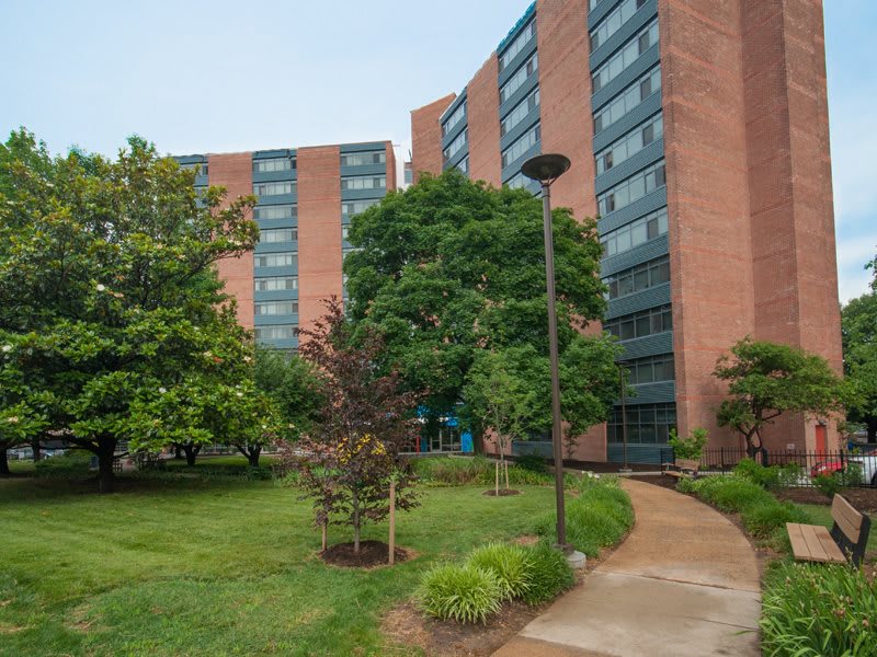 A residential building surrounded by lush greenery and a neatly maintained pathway.