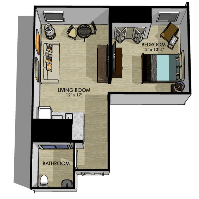 A top view of a one-bedroom apartment floor plan, featuring a living room, kitchen area, bathroom, and a bedroom.
