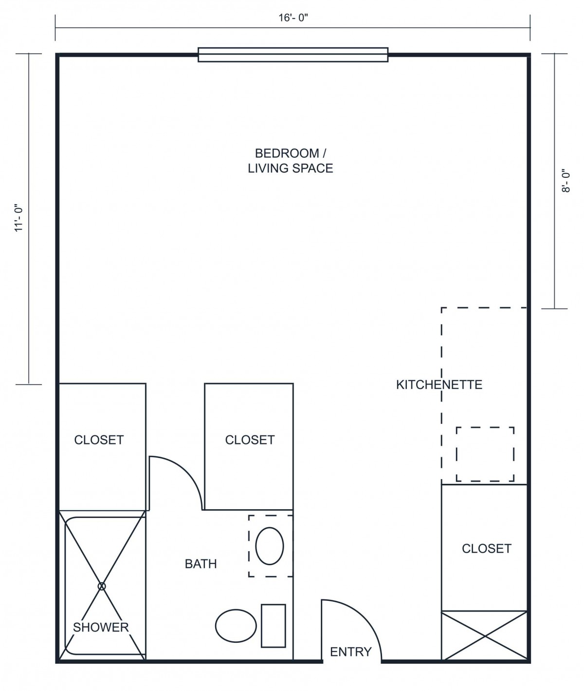 Studio apartment floor plan with kitchen, bathroom, and living space.