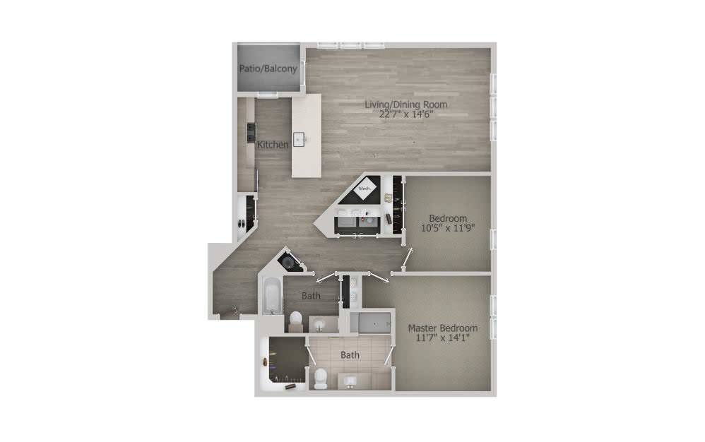 A two-bedroom apartment floor plan with designated areas for a living room, kitchen, and bathroom.