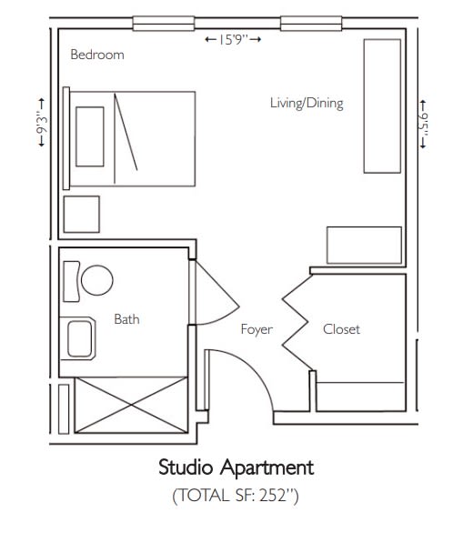 Studio apartment floor plan with a total area of 562 sq ft.