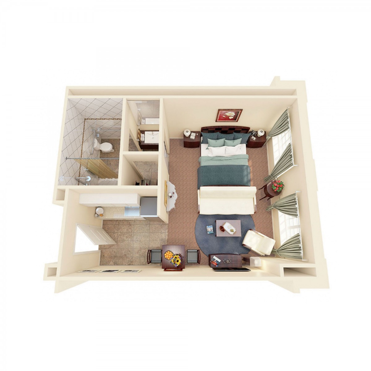 A 3D floor plan of a one-bedroom apartment layout.