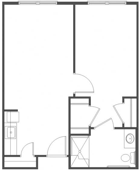 A simple floor plan showcasing an apartment layout with a kitchen and bathroom area.