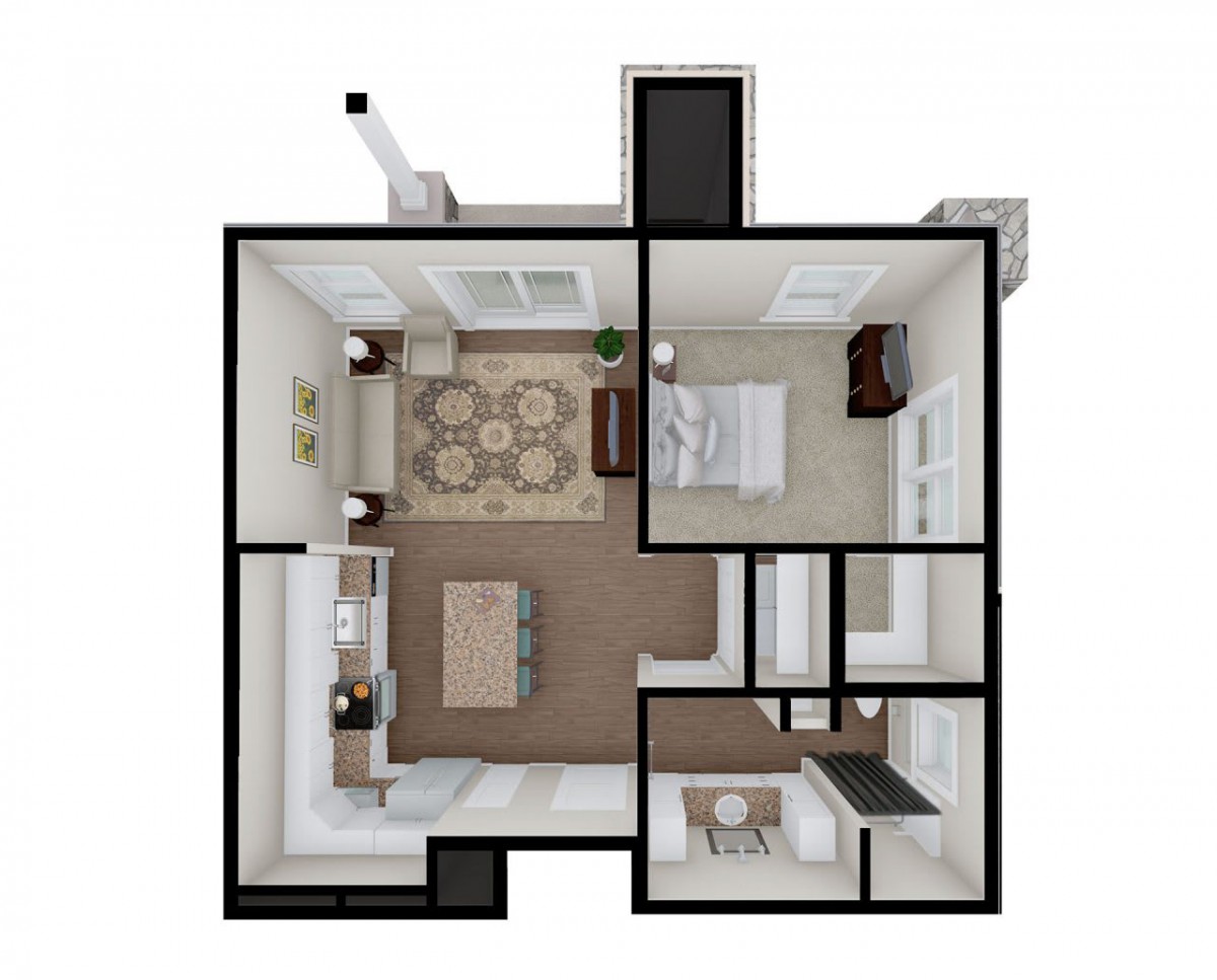 An overhead view of a one-bedroom apartment floor plan, featuring a living room, kitchen, and bathroom.