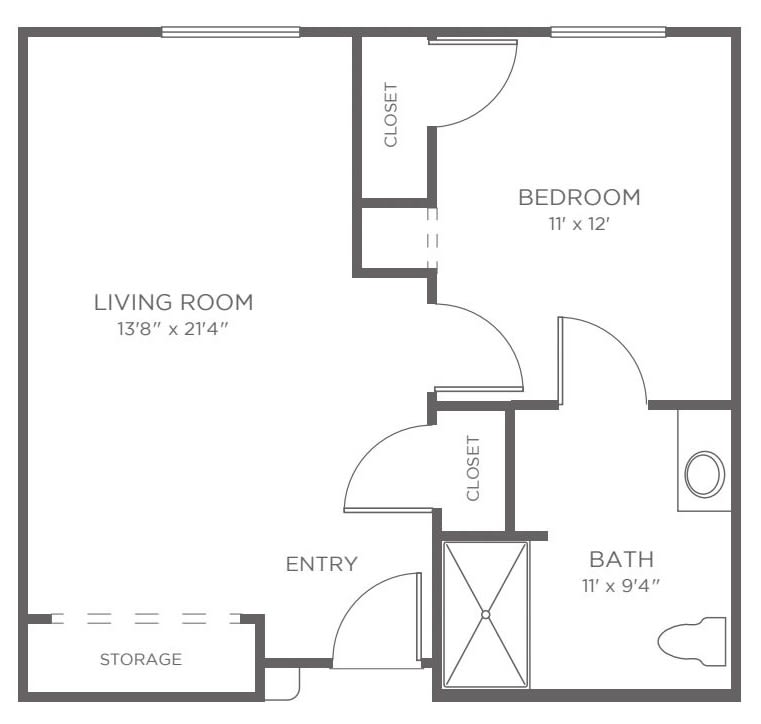 A floor plan of a one-bedroom apartment with designated living room, bedroom, kitchen, and bathroom areas.