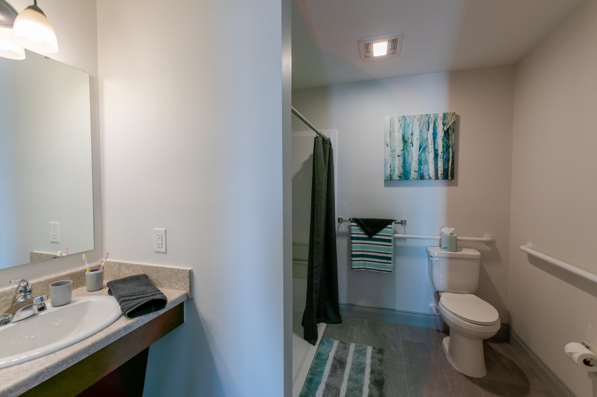 A modern bathroom interior featuring a sink, shower, toilet, and decorative towels.