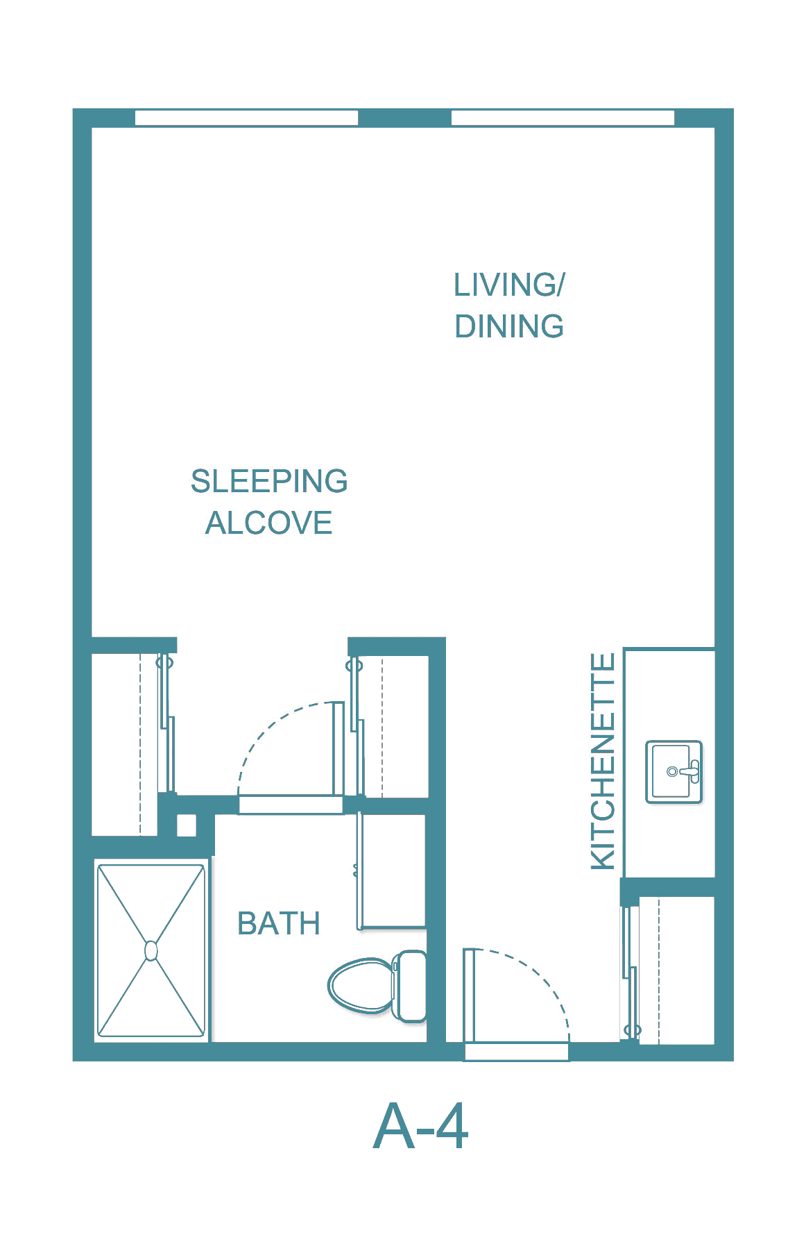 Studio apartment floor plan featuring a living/dining area, sleeping alcove, bathroom, and kitchenette.
