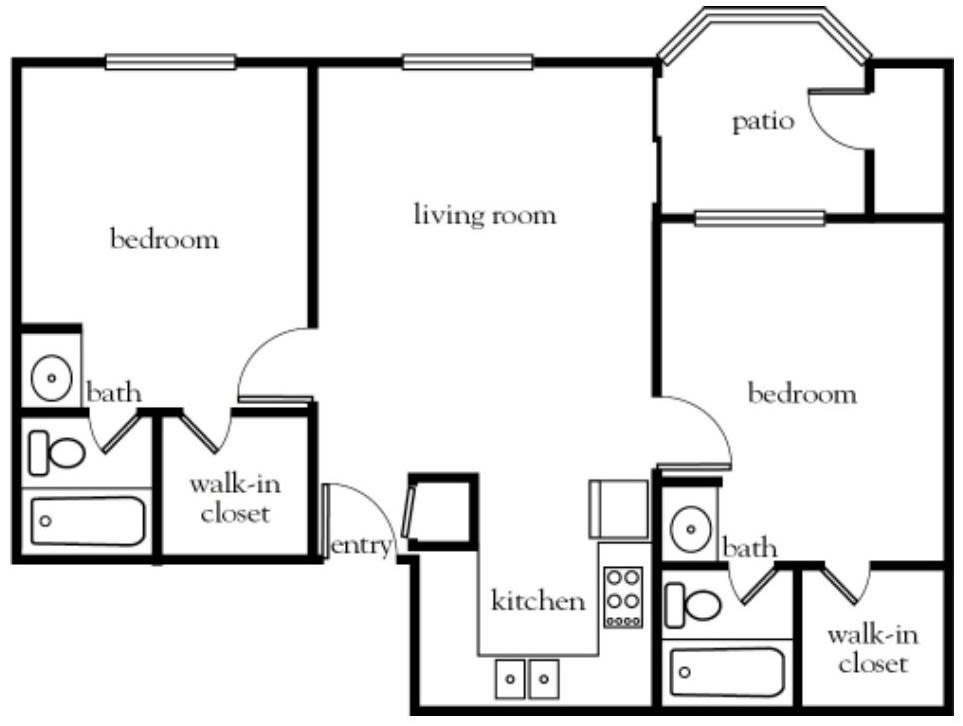 A 2-bedroom apartment floor plan featuring a living room, kitchen, two bathrooms, walk-in closet, and a patio.