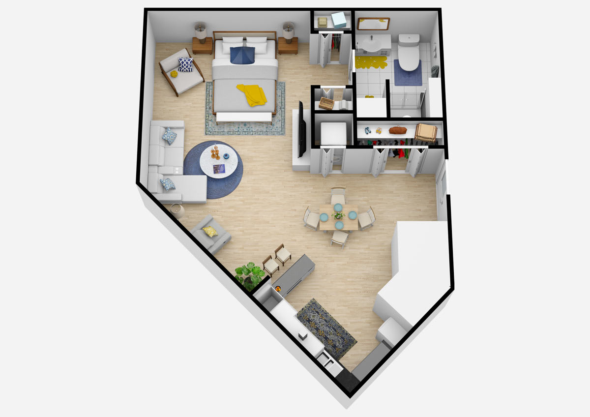 A detailed floor plan of a one-bedroom apartment with modern furniture and open living spaces.