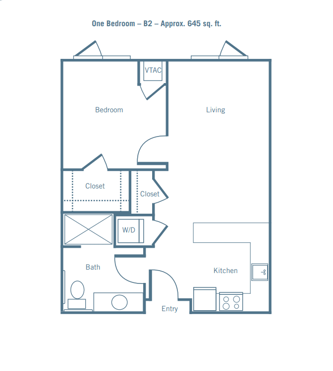 One-bedroom apartment floor plan with living room, kitchen, and bathroom.