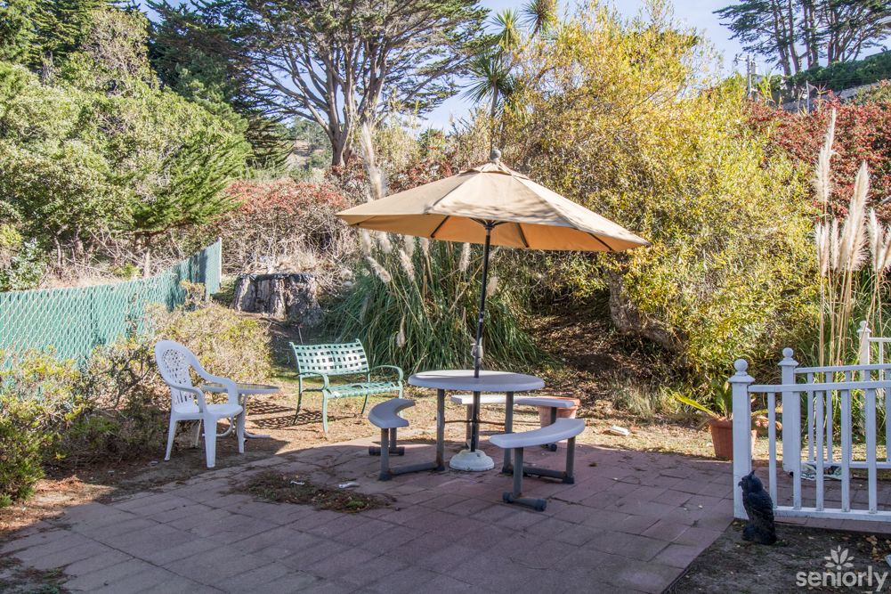 A tranquil garden setting featuring outdoor seating with an umbrella, surrounded by trees and foliage.