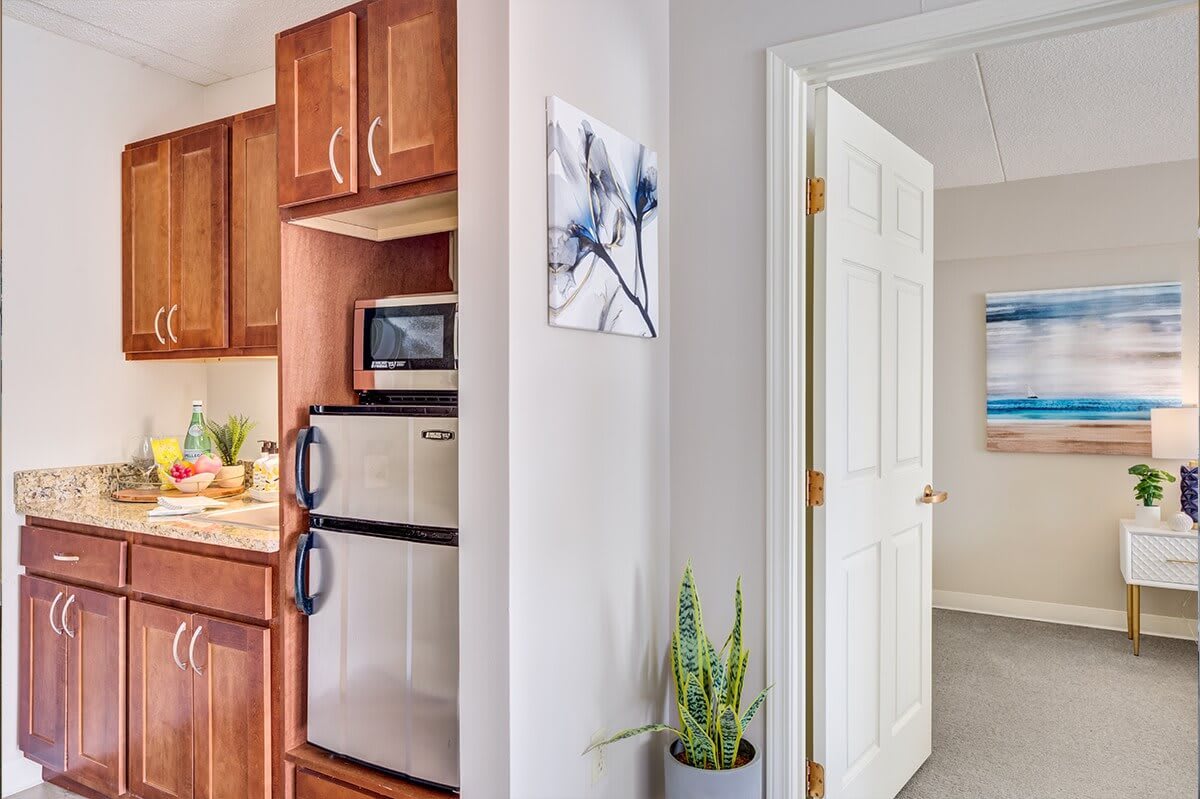 A cozy kitchen corner featuring wooden cabinets, a compact microwave and refrigerator, a potted plant, and wall artwork.