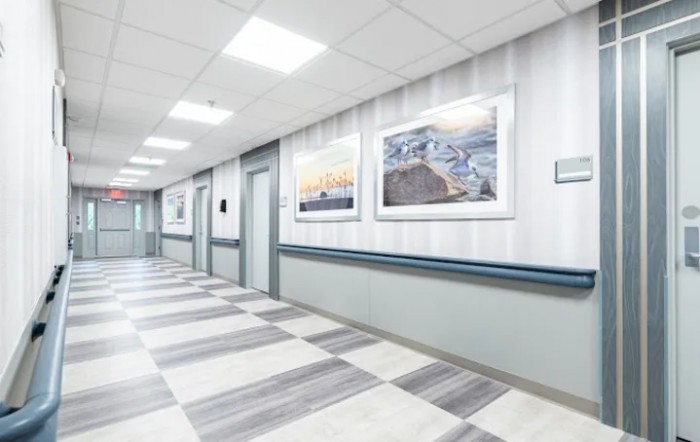A clean and modern hospital corridor with framed artwork on the walls.