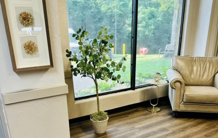 A potted plant sits by a large window, adding a touch of greenery to the room.