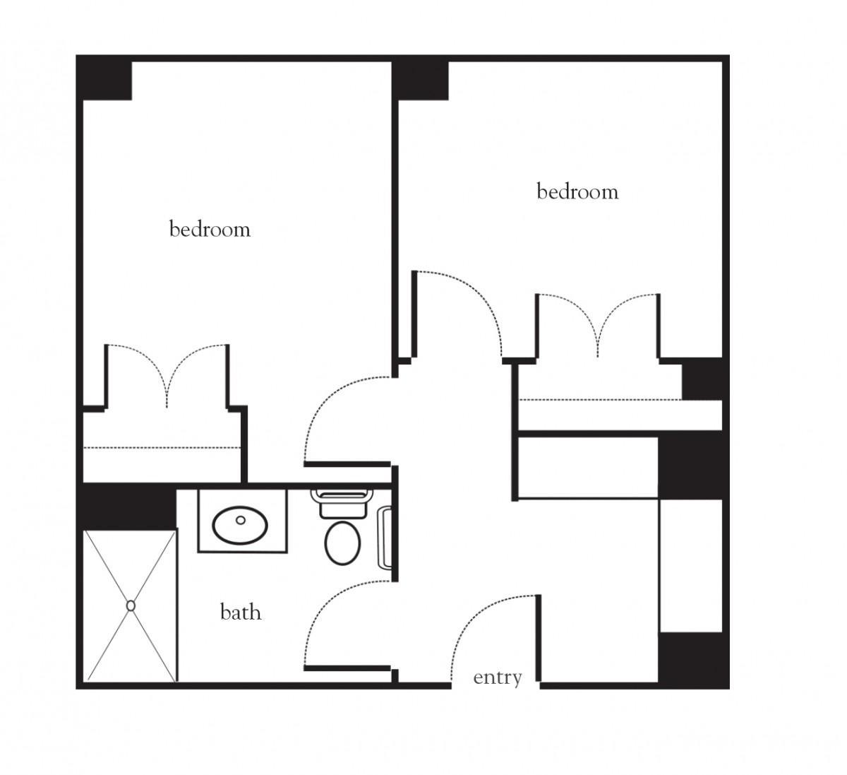 A simple floor plan showing a two-bedroom apartment with a bathroom.