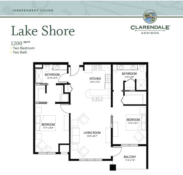 Floor plan of a two-bedroom apartment labeled 'Lake Shore' with detailed room descriptions.