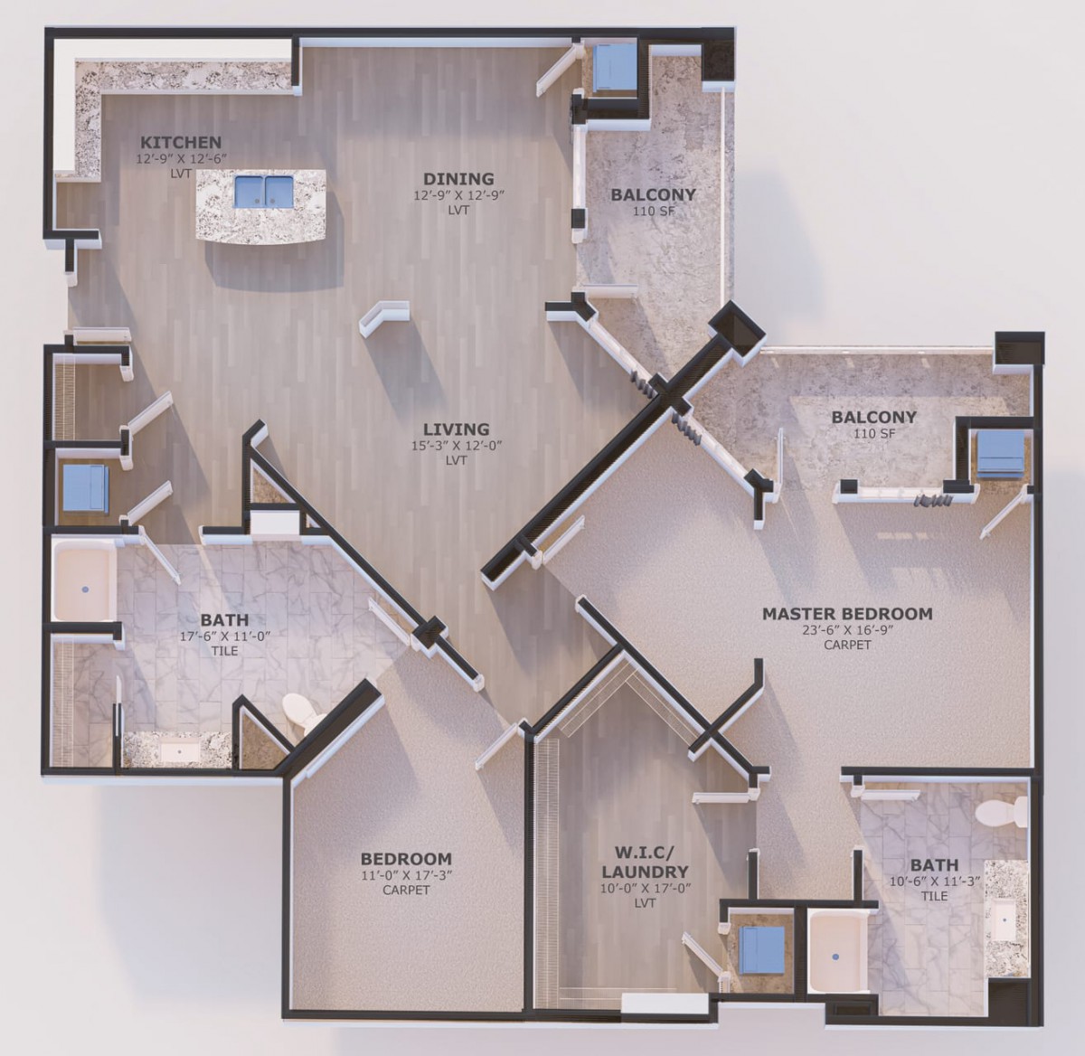 3D floor plan of a modern apartment layout with labeled rooms.