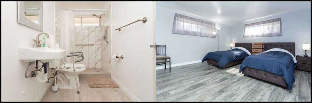 A modern interior showcasing a bathroom and an adjacent bedroom with hardwood flooring.