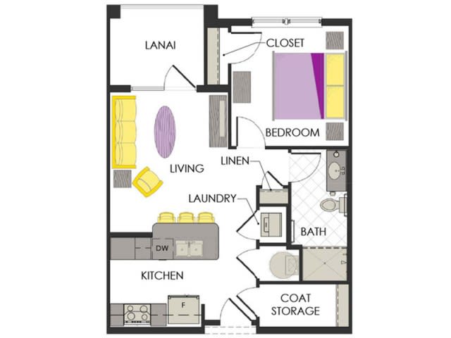 A one-bedroom apartment floor plan featuring a living room, kitchen, bathroom, laundry area, and lanai.