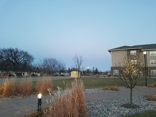 A serene evening in a park, featuring natural elements and a building in the background.