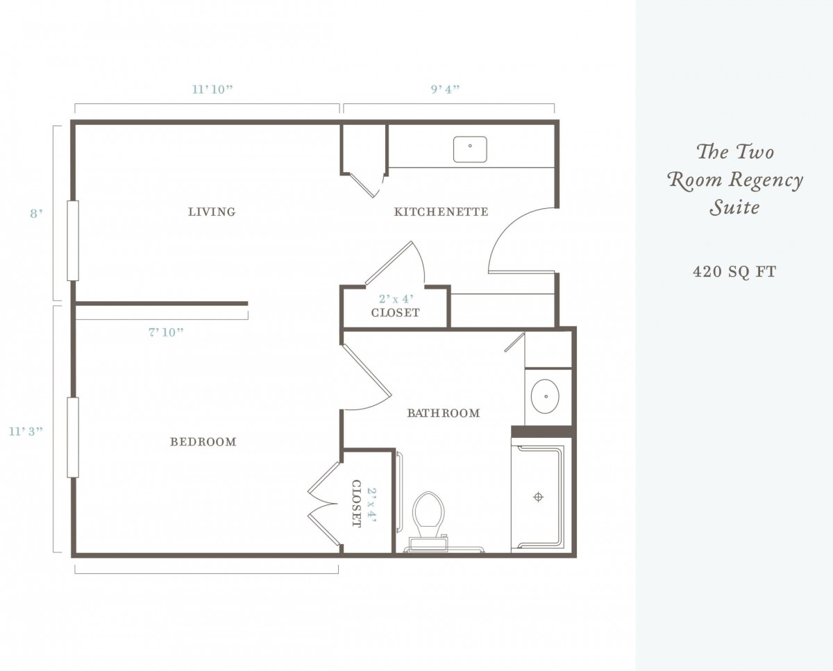 Layout of a one-bedroom apartment with labeled rooms and dimensions.