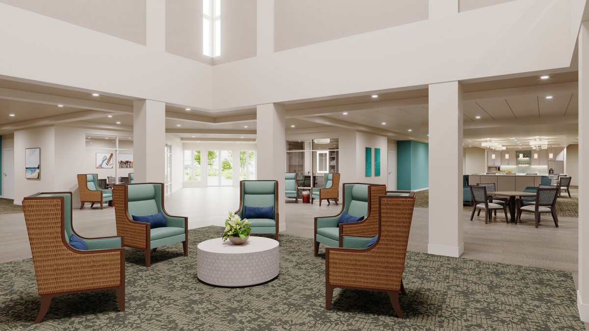 A modern lobby with comfortable seating and contemporary design.