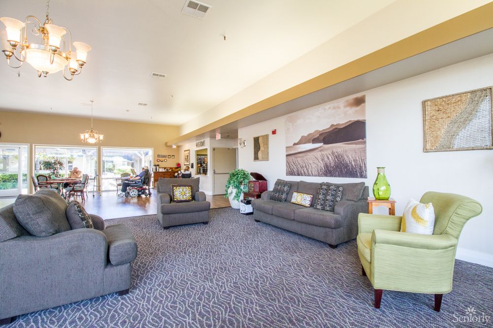 A cozy living room with sofas, carpet, and artwork on the wall.