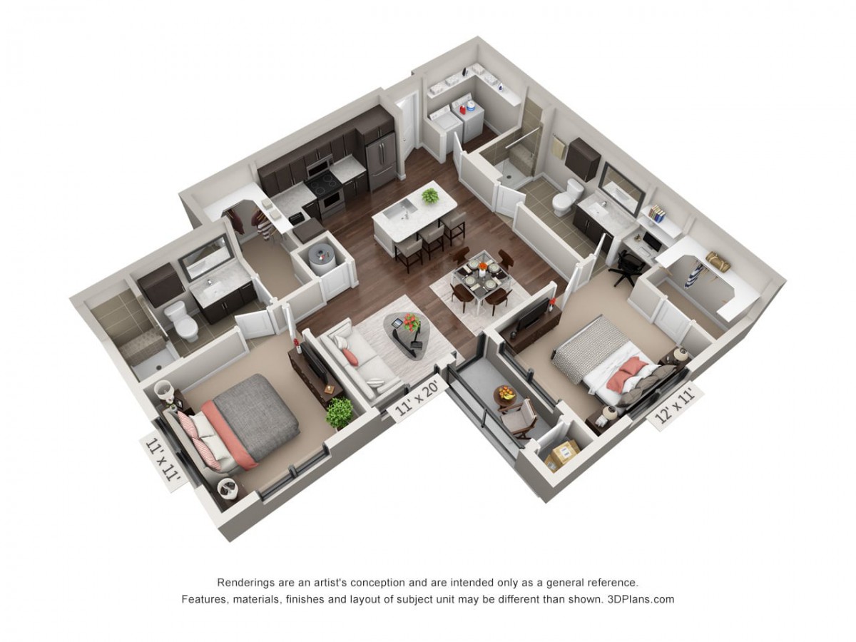 3D floor plan of a modern apartment layout with multiple rooms and amenities.