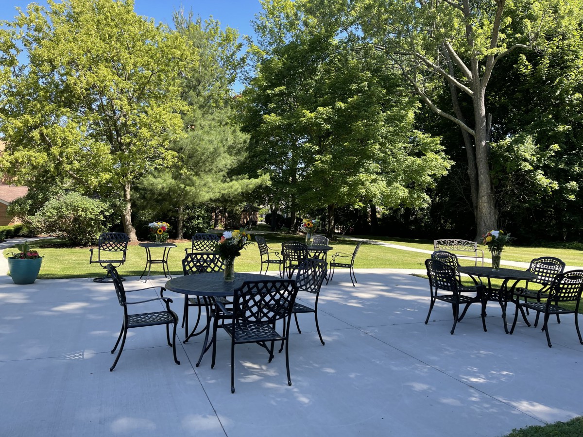 An outdoor patio area with tables and chairs under a sunny blue sky, surrounded by lush green trees.