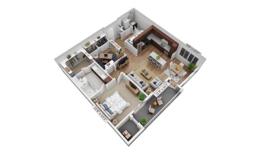 A 3D floor plan of a modern apartment with an open layout, featuring a kitchen, living room, bedroom, and bathroom.