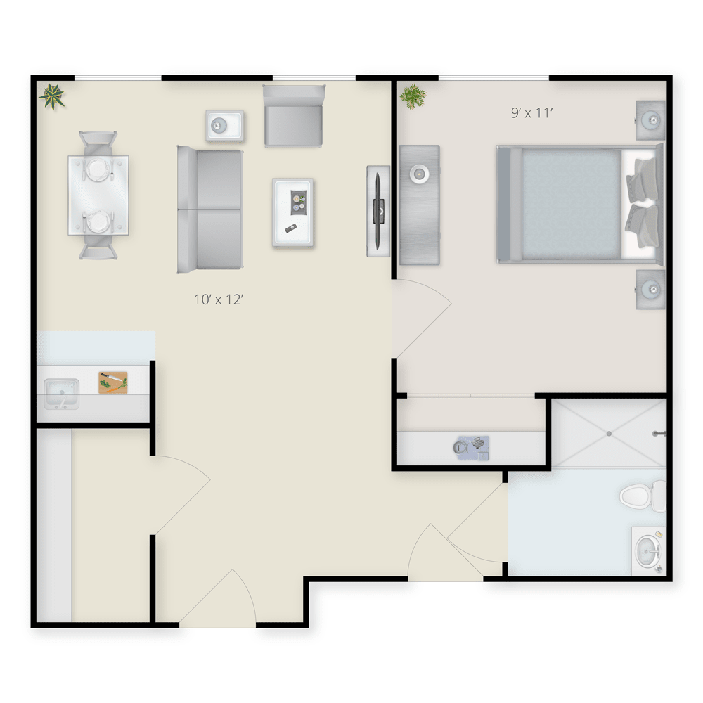 A floor plan of a one-bedroom apartment with a kitchen, living area, and bathroom.