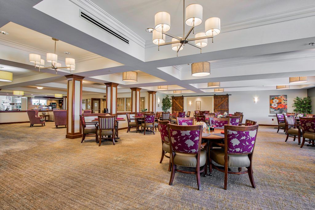 Elegant dining space with plush seating and stylish chandeliers.