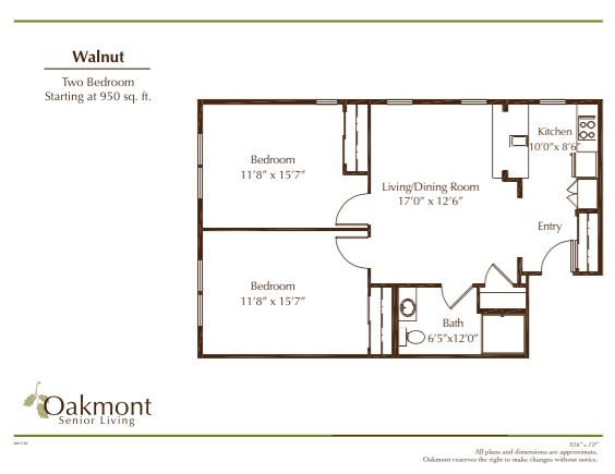 Floor plan of an apartment with two bedrooms, a living/dining room, bathroom, and kitchen.