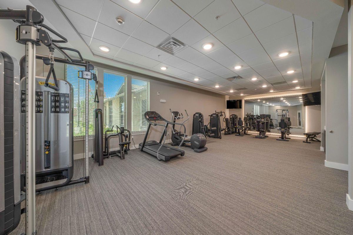 A modern gym with various exercise equipment including treadmills and fitness machines.