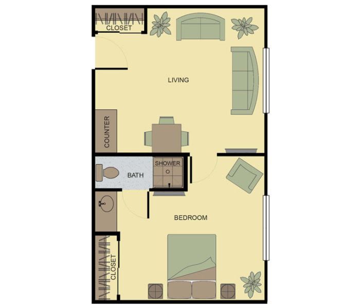 A floor plan of a one-bedroom apartment, featuring a living room, kitchen, and bathroom.