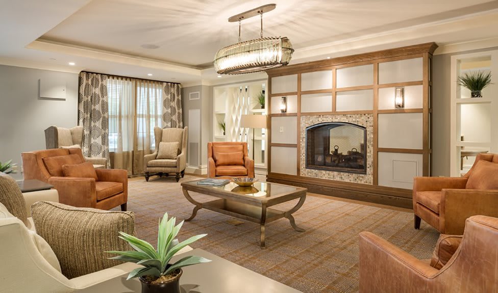 A cozy and elegantly designed living room with a fireplace, comfortable seating, and modern decor.